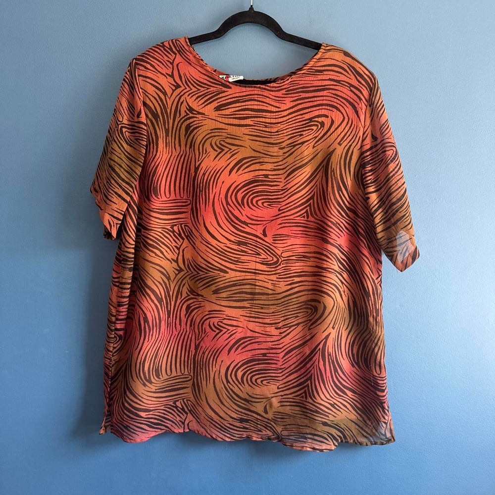 Vintage 90s Blouse Women's Plus Size 1X Kaktus Plus Brown Orange Swirl Retro